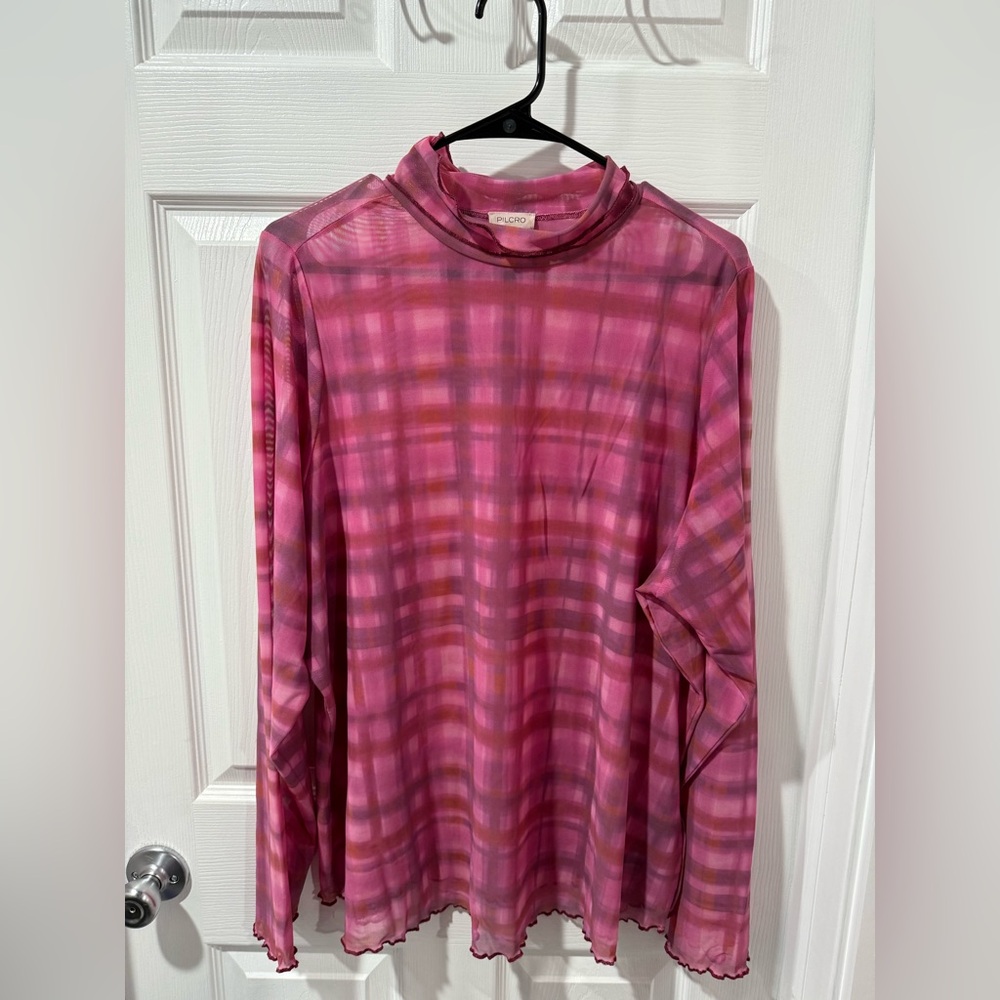 Pilcro Pink Plaid Long-Sleeve Sheer Top
